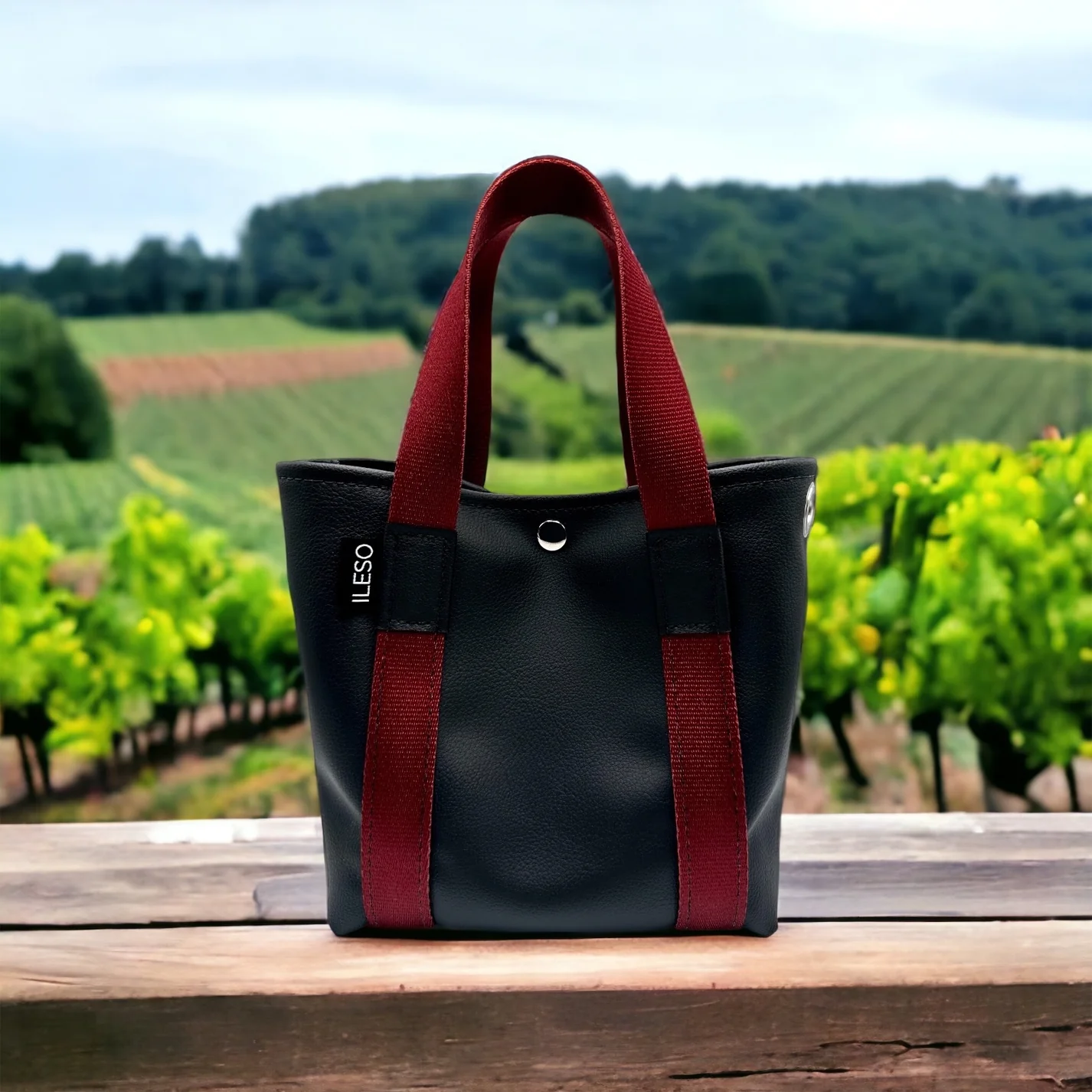 Ileso Wine Bag in front of a vineyard