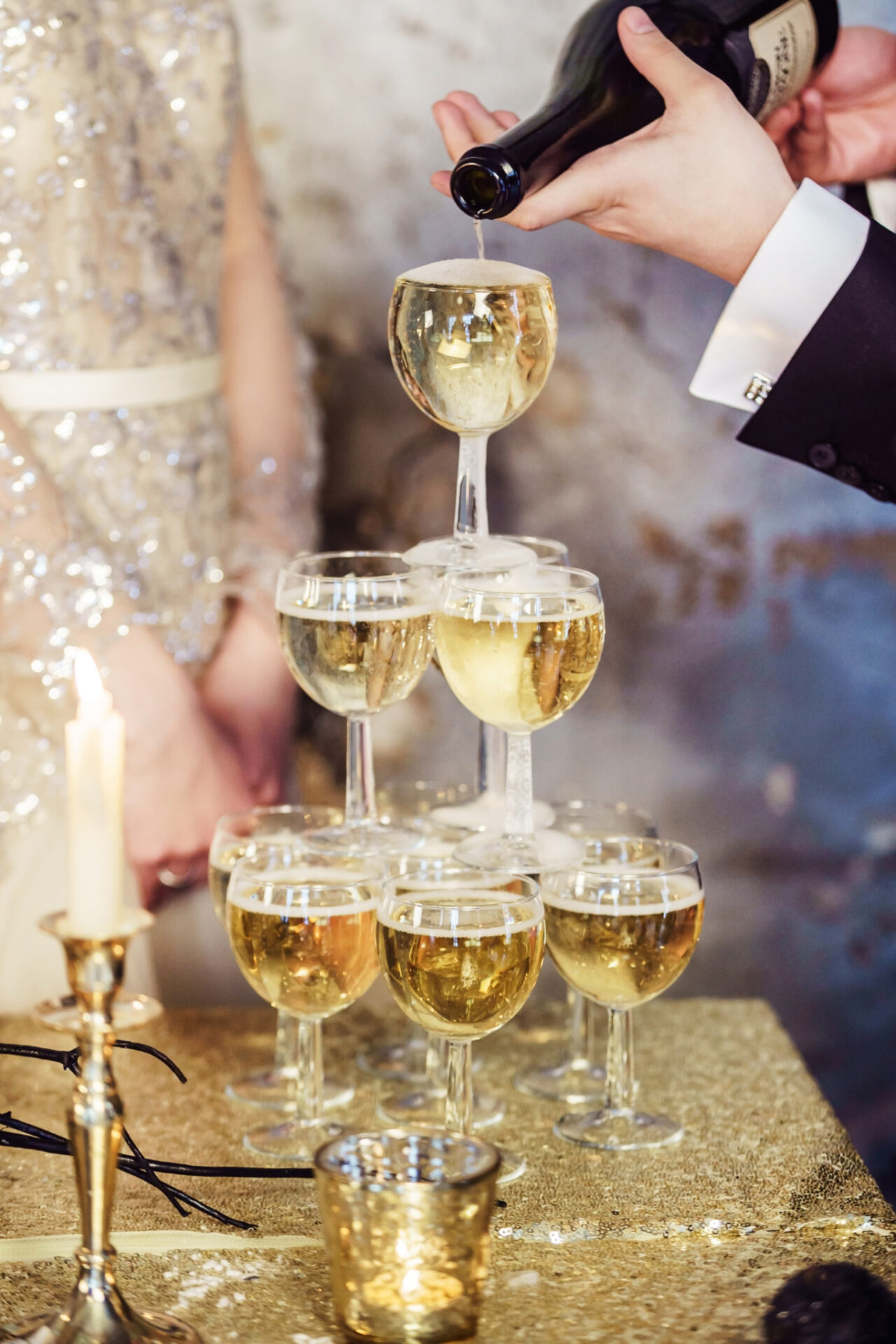 A pyramid of champagne glasses