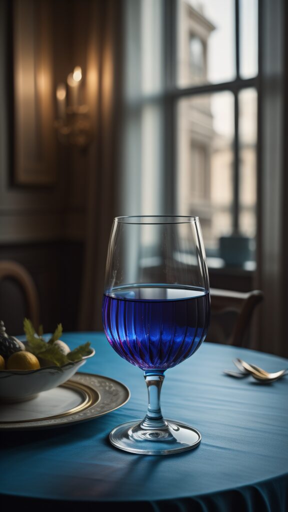 Blue wine in a glass on an elegant table with a window in the background