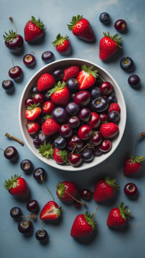 Pinot Noir Flavors - a bowl of strawberries, cherries, plums, and blueberries