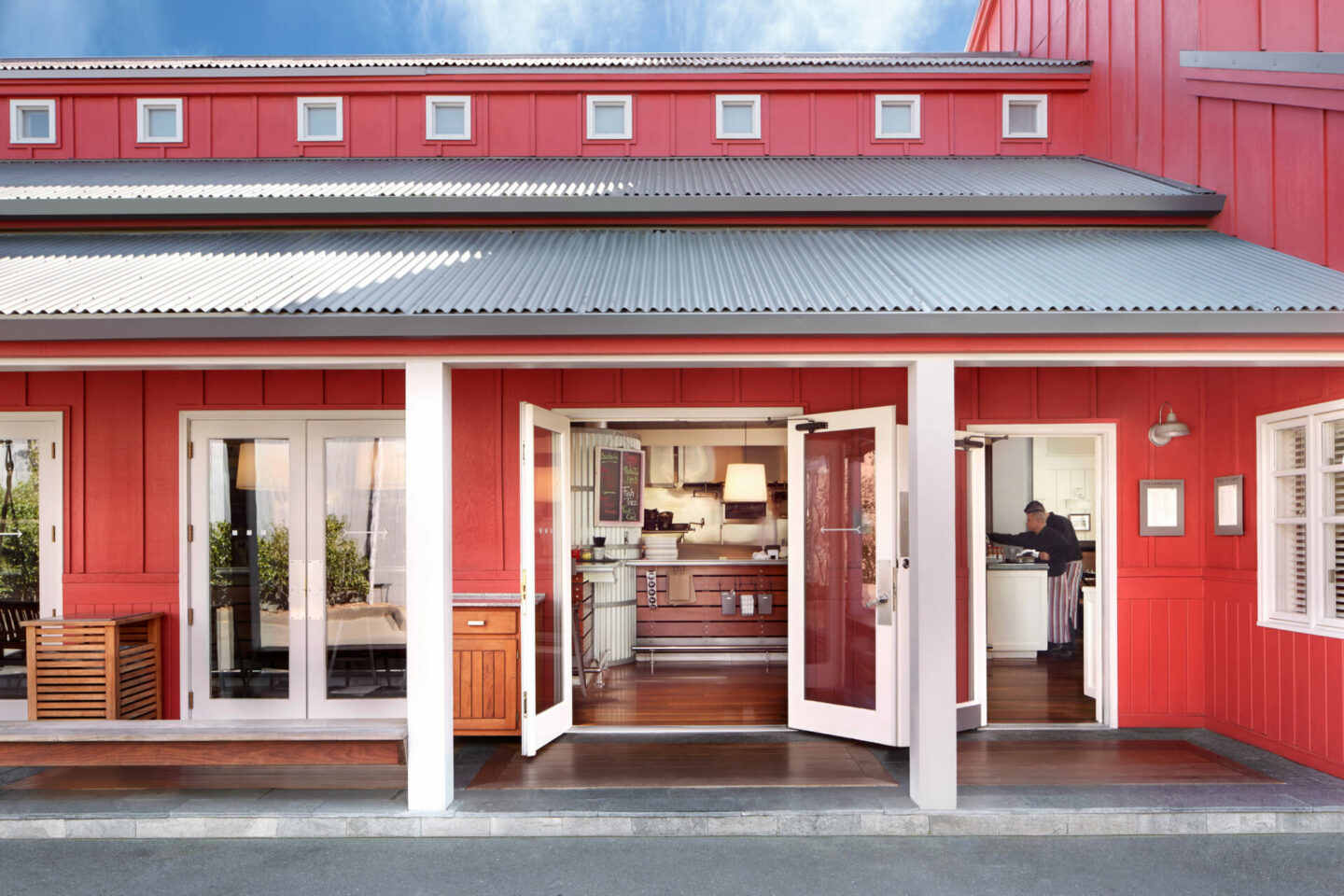 Red barn-like exterior shot of Boon Fly Cafe