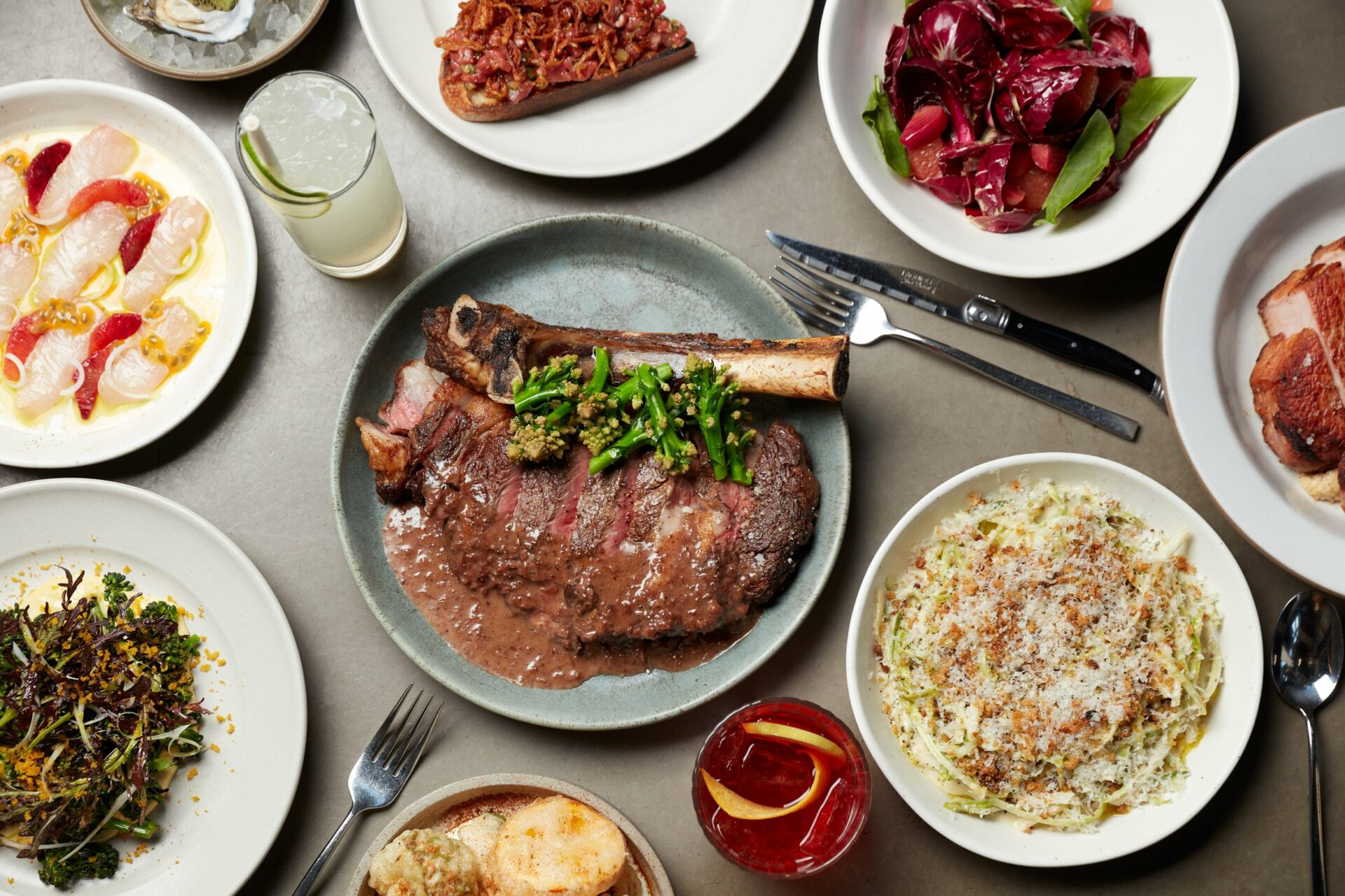 A Birdseye view of a dinner menu items from Range Life in Livermore, CA