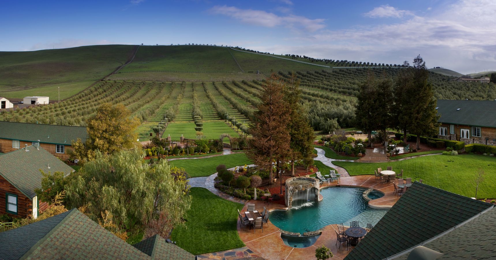 View of outdoor pool and surrounding vineyard at The Purple Orchid Wine Country Resort & Spa in Livermore, CA