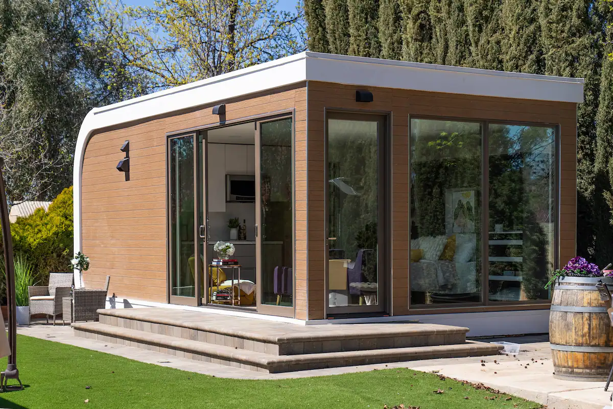 Exterior shot of a sleek, modern guest house