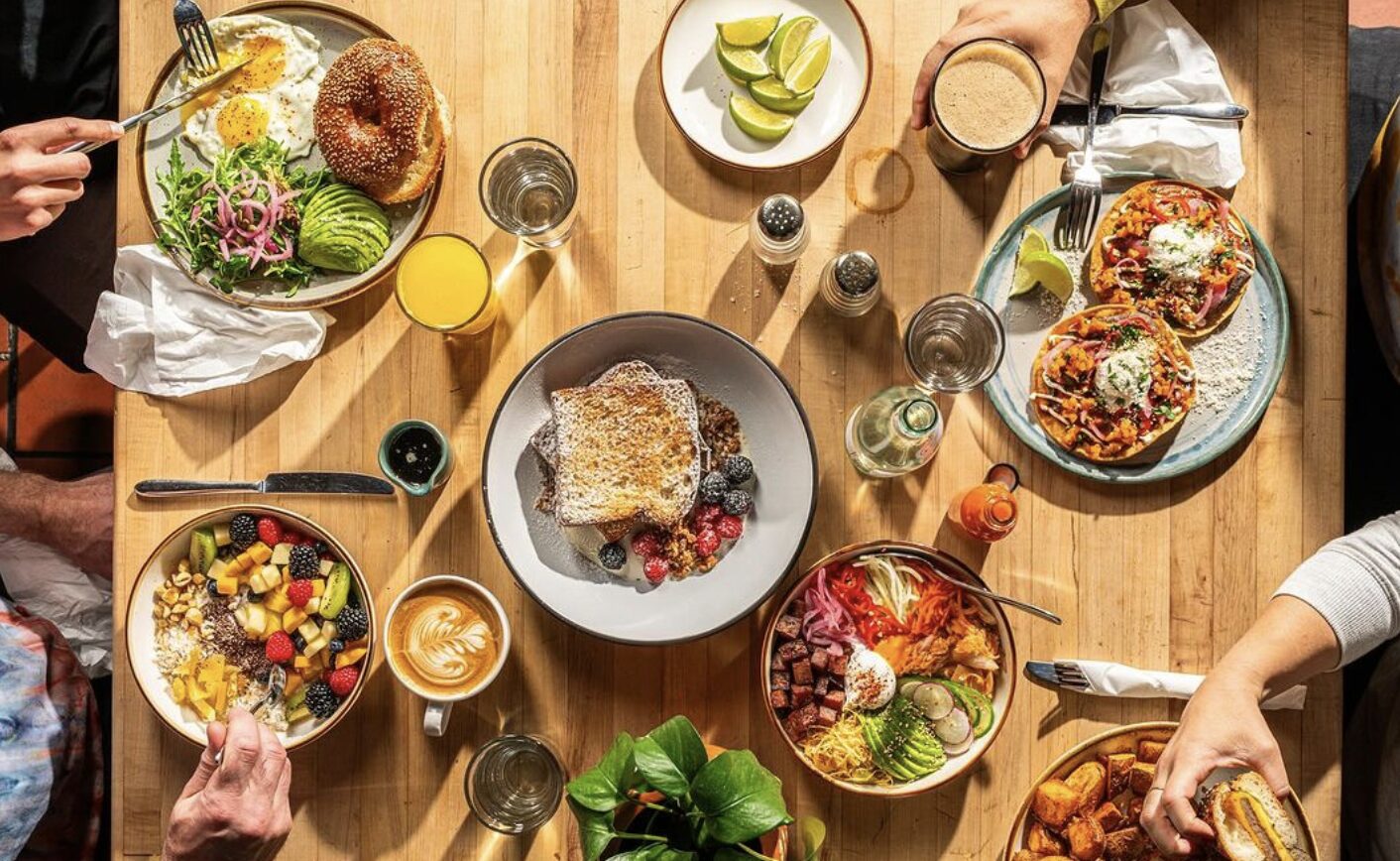 Birds Eye View of a brunch table with various dishes on display