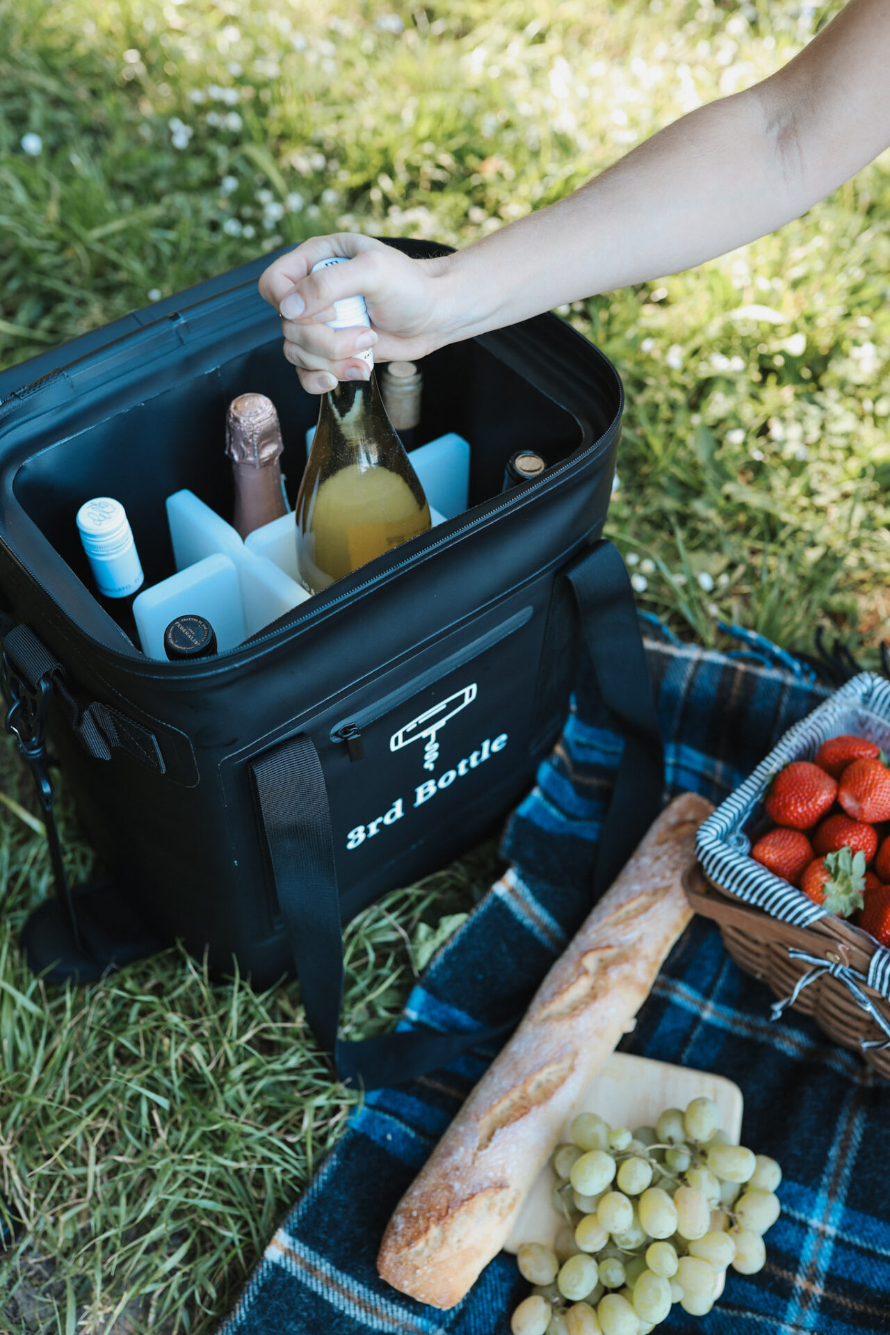 Hand pulling a wine bottle out of a 3rd Bottle Wine Bag with a picnic around it