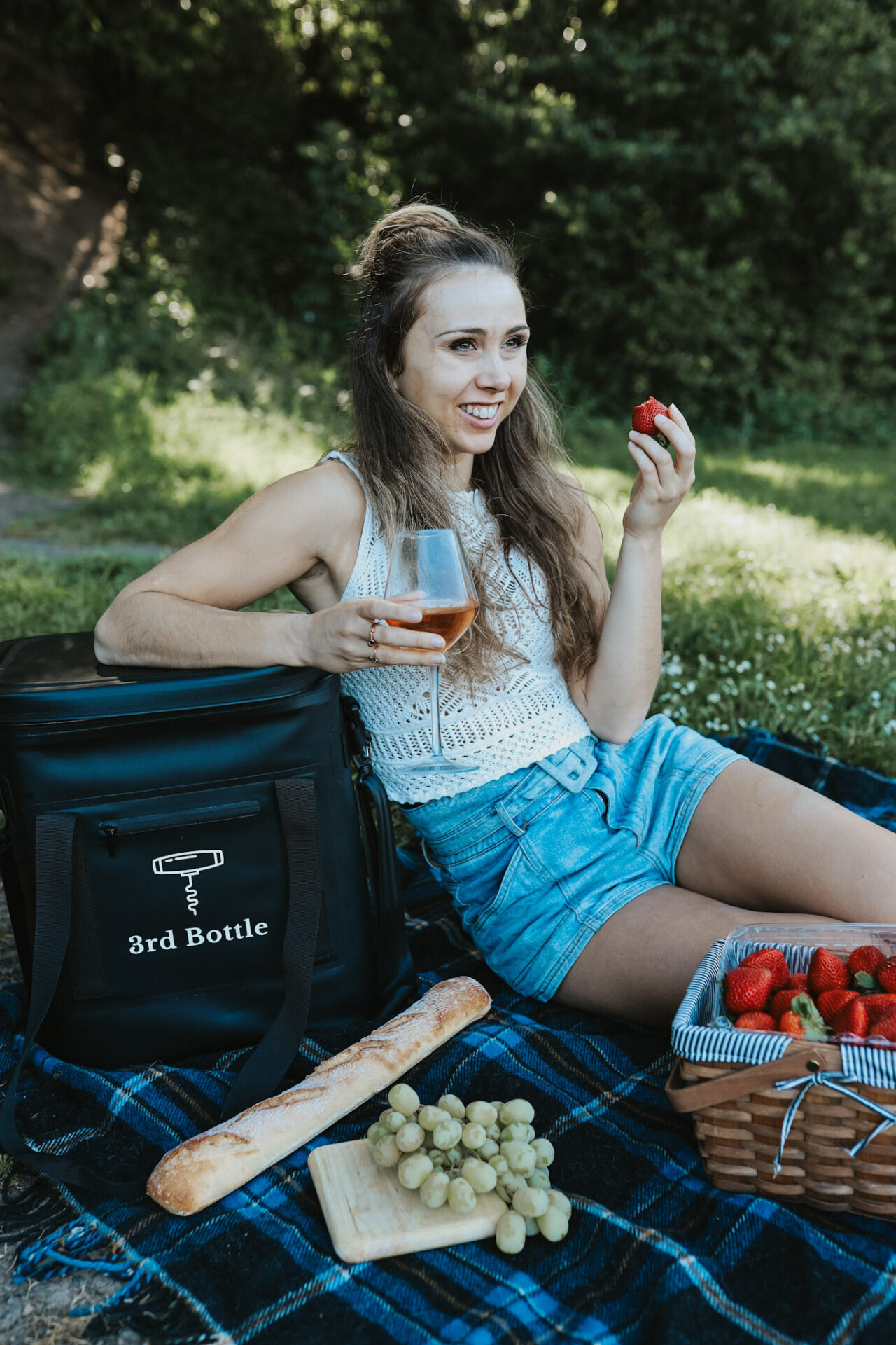 Paige with a 3rd Bottle Wine Bag on a picnic