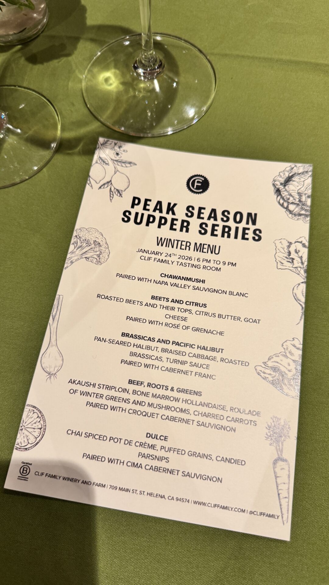 Clif Family Peak Season Supper Series Menu - Winter 2026