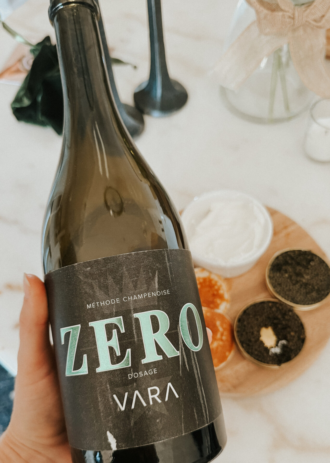 Zero dosage sparkling wine from VARA with caviar behind